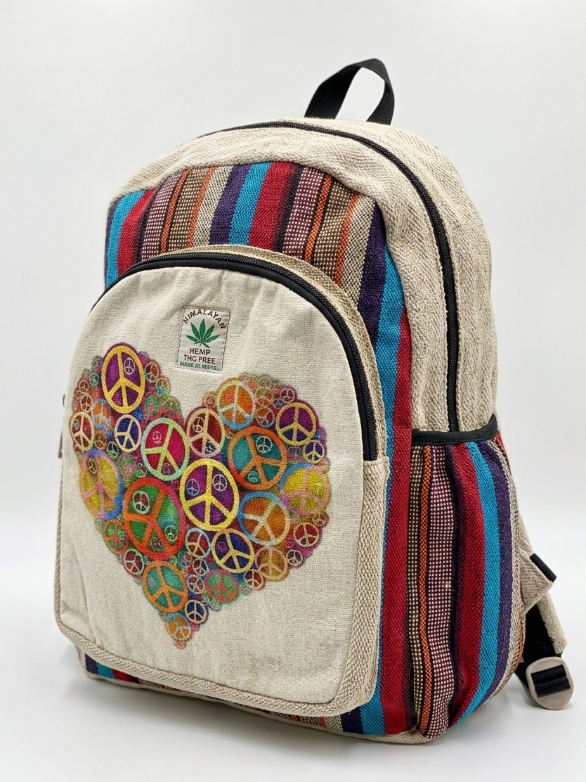 Hemp Backpack with Heart Peace Sign – Handmade Rucksack for Travel and Daily Use