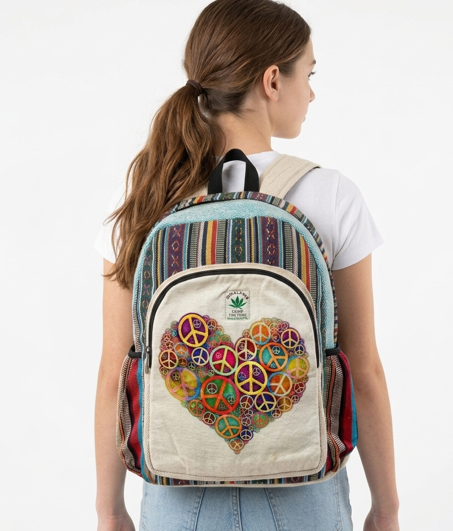 Hemp Backpack with Heart Peace Sign – Handmade Rucksack for Travel and Daily Use